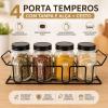 Porta Temperos 4 Potes de Vidro 130ml com Tampa e Alça e Cesto Organizador de Metal | Kit Porta Condimentos Cozinha