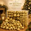 Kit 100 Bolas de Natal + Estrela para Árvore Decoração Premium Bolinhas Mistas Lisas Foscas Glitter Dourada e Vermelha