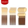 Belifou Kit 24 Jogo De Talheres Aço Inoxidável Ouro Alças De Madeira Alta polidez