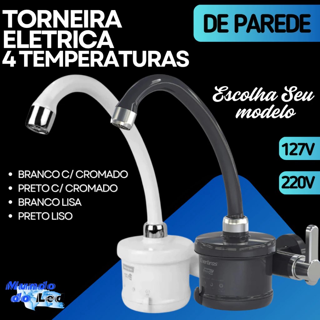 Torneira Elétrica Para Cozinha 4T Plus Branca Preta Cromado