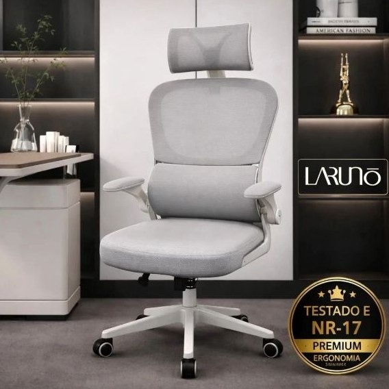 Cadeira de Escritório Ergonômica Cinza Giratória com Apoio Lombar e Braços Ajustáveis