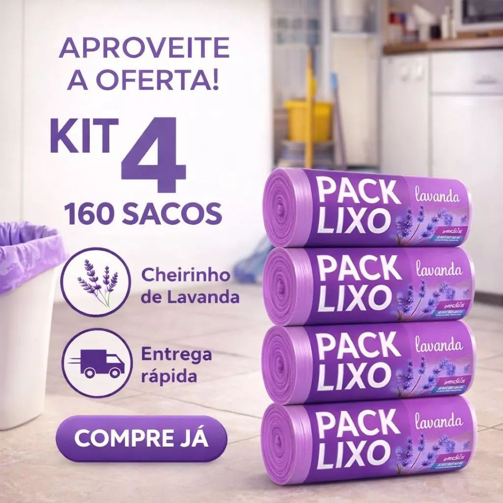 Kit 4 Sacos de Lixo Perfumados Lavanda | 160 Sacos | Pia e Banheiro | 34x38cm | Neutraliza Odores