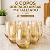 Jogo 12/6/4 Copos Vidro Dourado Metalizado Luxo 475ml - Resistente Aruba