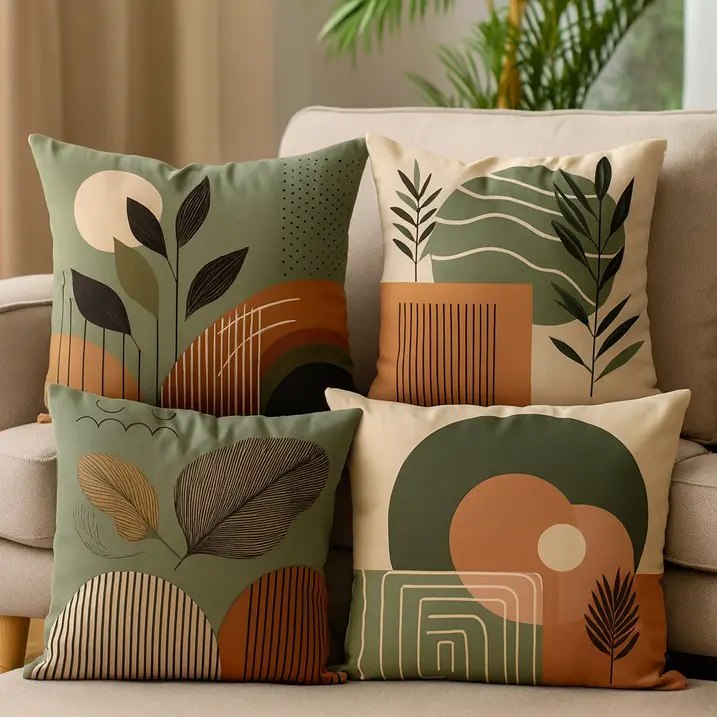 Kit 4 Capas De Almofadas Moderna 45x45 - Floral Verde E Bege Bege Floral Verde