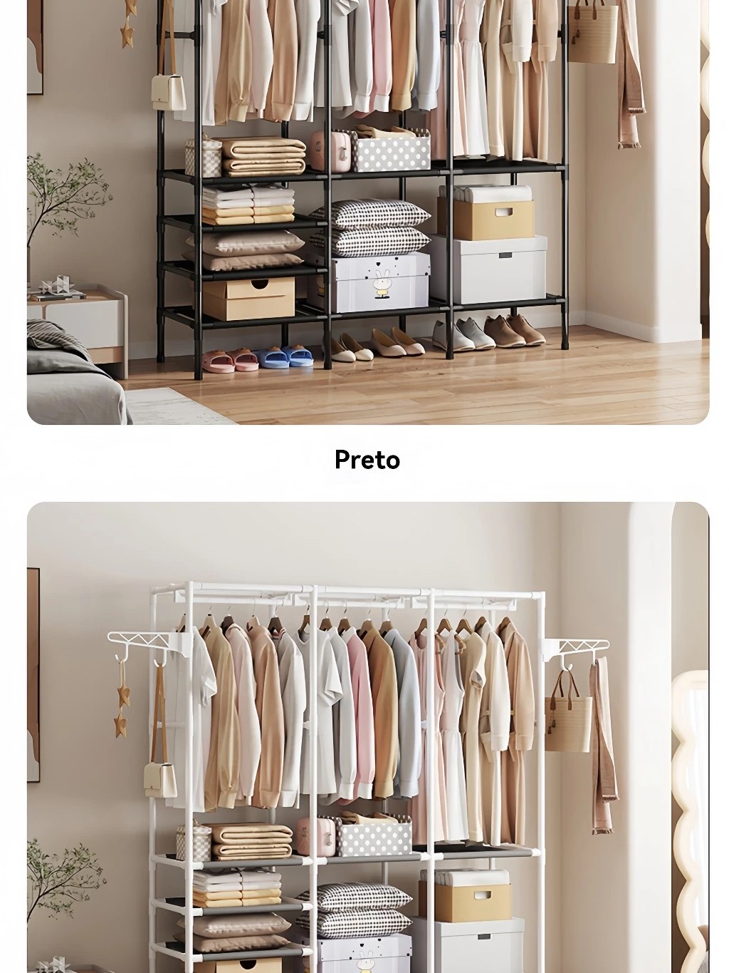 Arara De Roupa Cabideiro De Chão Sapateira Rack Organizador Multiuso Aço Inox