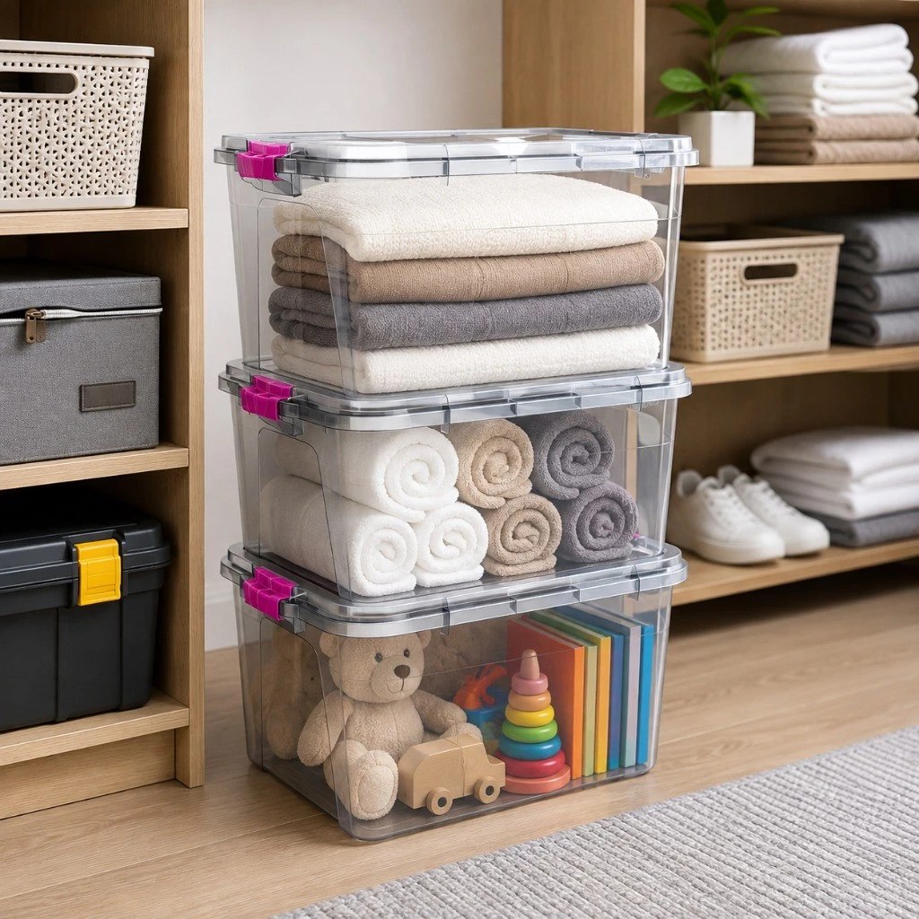 Kit com 3 Caixas Organizadoras Transparentes de 12L Cada – Com Tampa e Travas