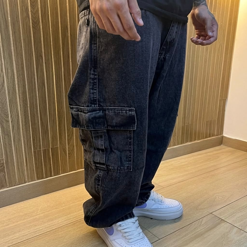 Calça Jeans Cargo Baggy Masculina Streetwear Mesclada P A Gg