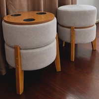 Pufe Mesa Tecido Bouclê 45x38cm Porta Copos Estofado Redondo Bouclê Cinza Porta Copos