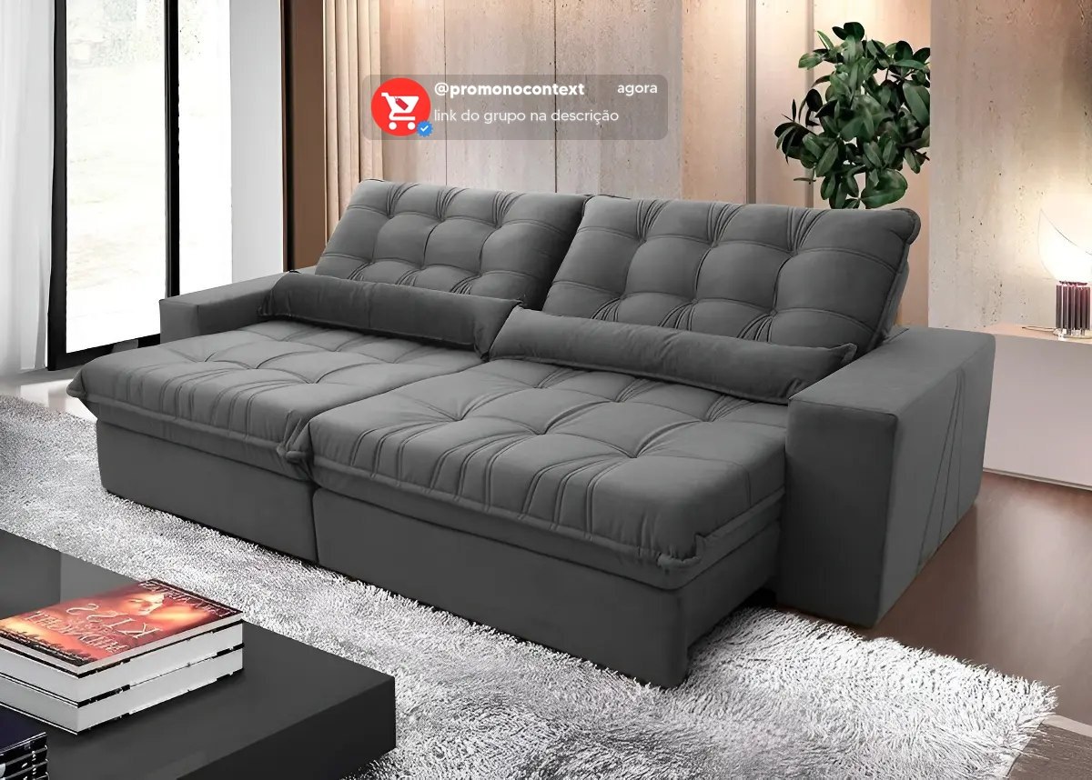 Sofá Retrátil Reclinável Zurique 2,70m Suede Velut Cinza Molas no Assento - King House