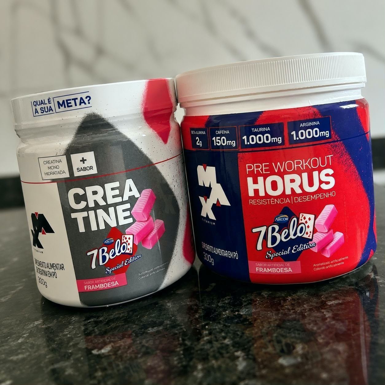 Kit Pré Treino Hórus 7 Belo + Creatina 7 Belo Max Titanium 300g Framboesa 150mg Cafeína Energia Força Performance