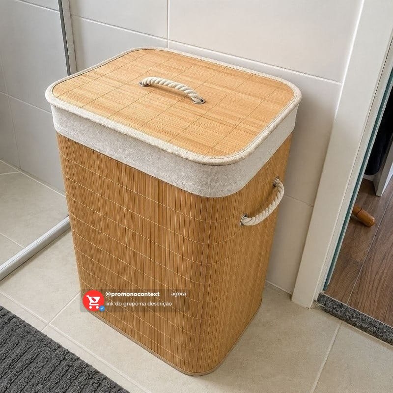 Cesto Roupa Bambu Retangular Dobrável Eps-3903 Com Tampa Alças 60l Bege