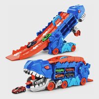 Caminhão Dinossauro Pista Corrida Carrinho Maleta Transporte Azul