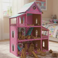 Casinha de Bonecas Rosa Glitter com kit Moveis Desmontados MDF Criativa