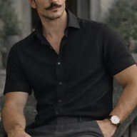 Camisa Casual Masculina Texturizada Com Botões Old Money Preto Linho P