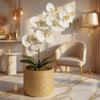Arranjo Orquídea Toque Aparência Real Siliconada Vaso Rattan Dourado