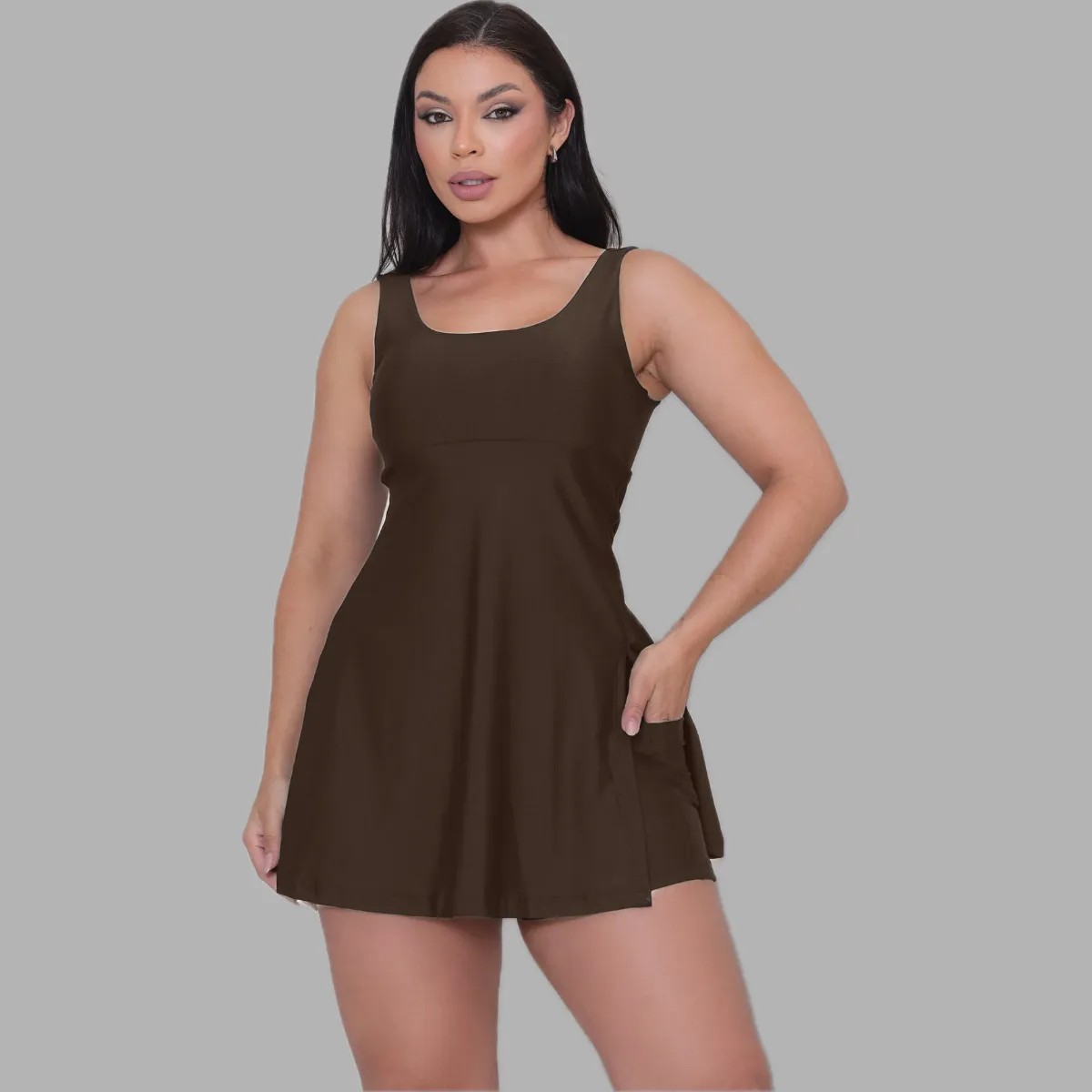 Vestido Short Com Bolso Conjunto Academia Beach Tenis Suplex Marrom Liso Gg