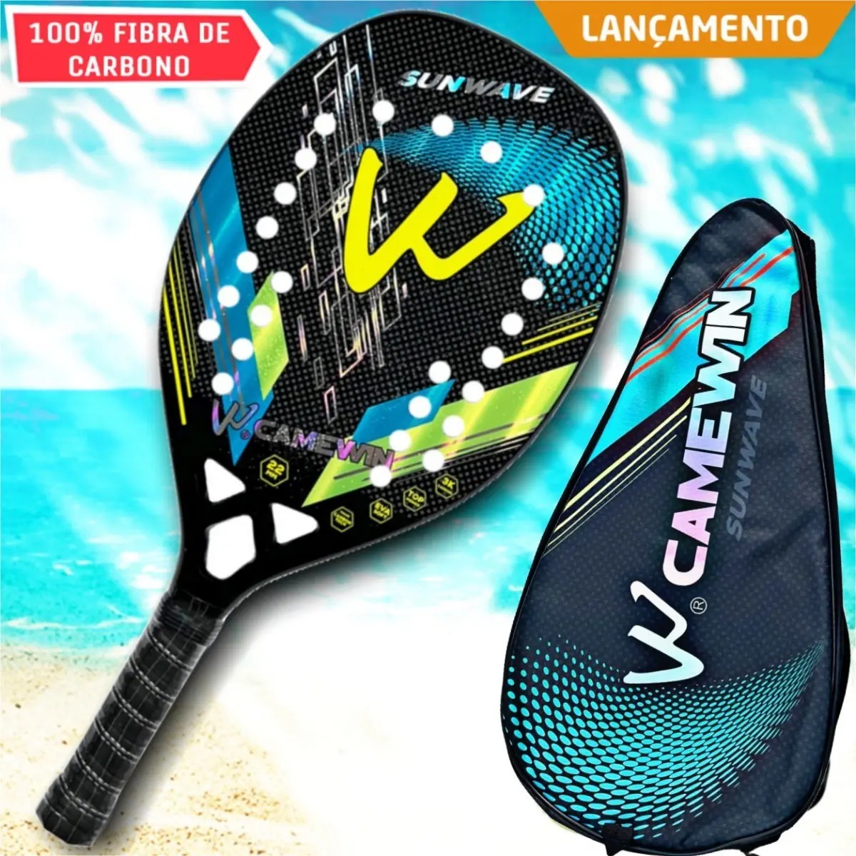 Raquete Beach Tennis Camewin 100% Fibra De Carbono + Cor Sunwave Blue
