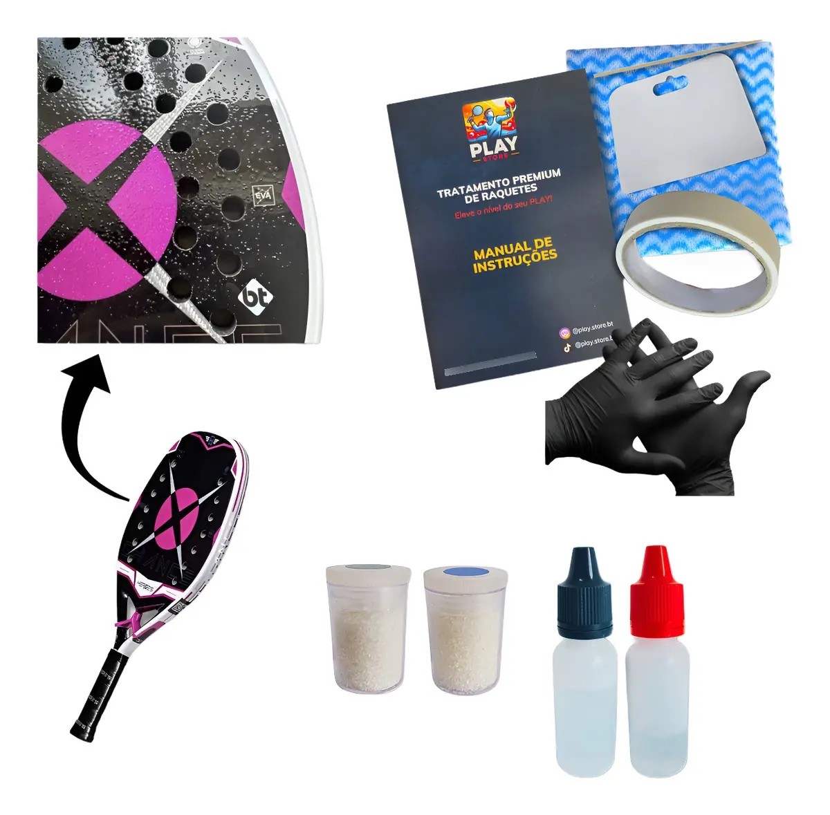 Kit Tratamento Raquete Beach Tennis Padel Premium Play Store Preto E Rosa
