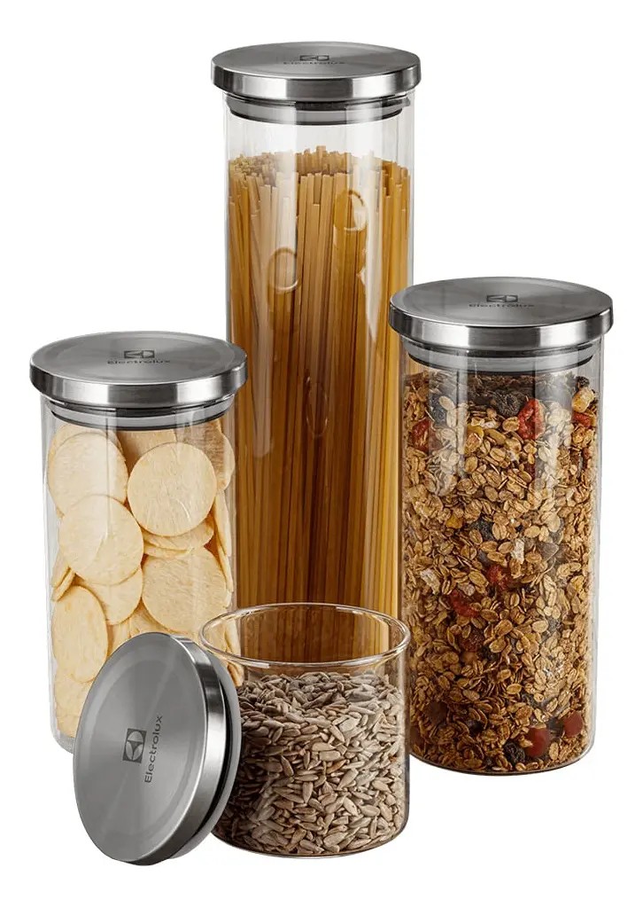 Kit com 4 Potes Herméticos de Vidro Electrolux com Tampa Inox