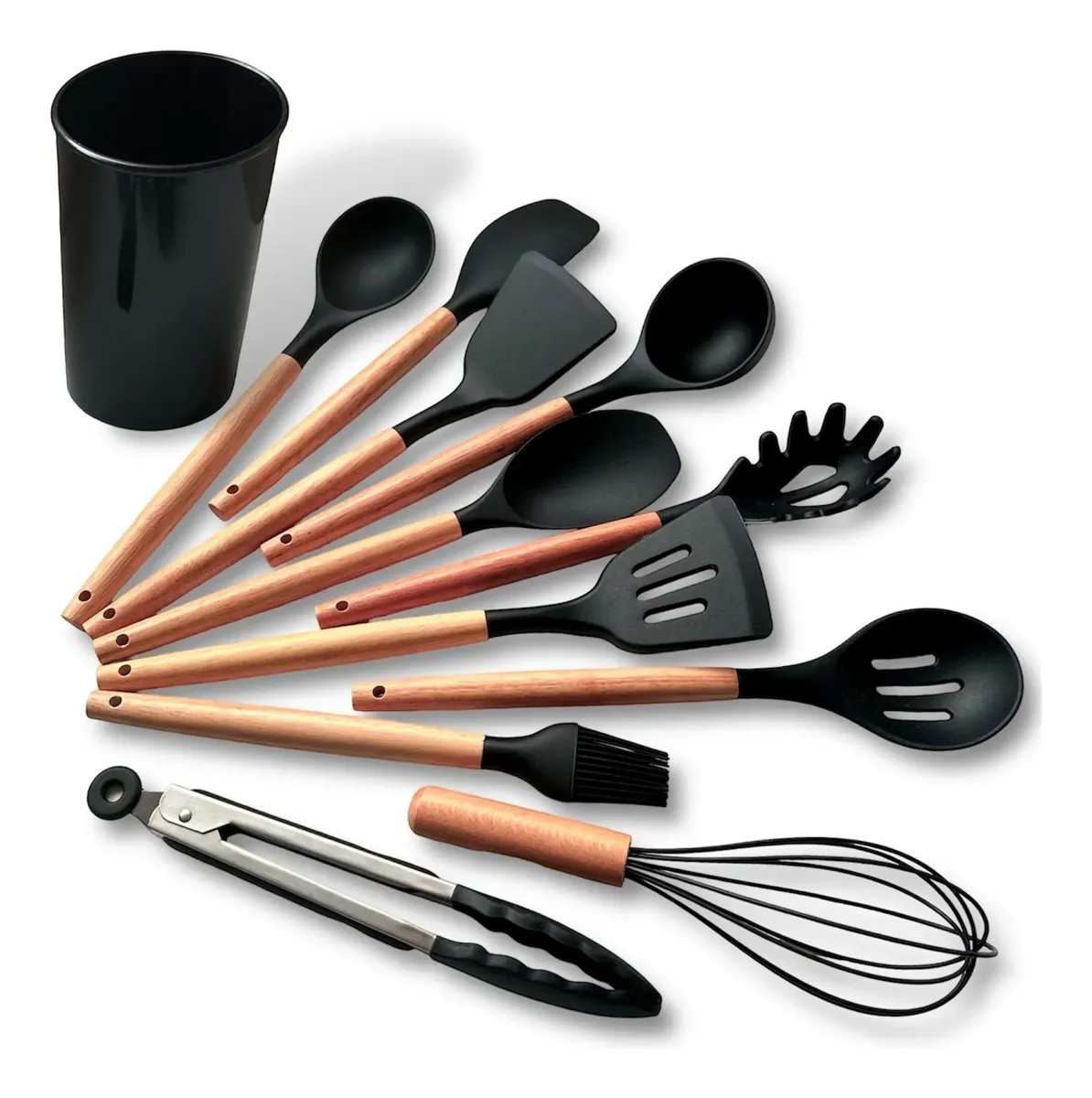 Kit com 12 Utensílios de Cozinha Silicone Cabo de Madeira