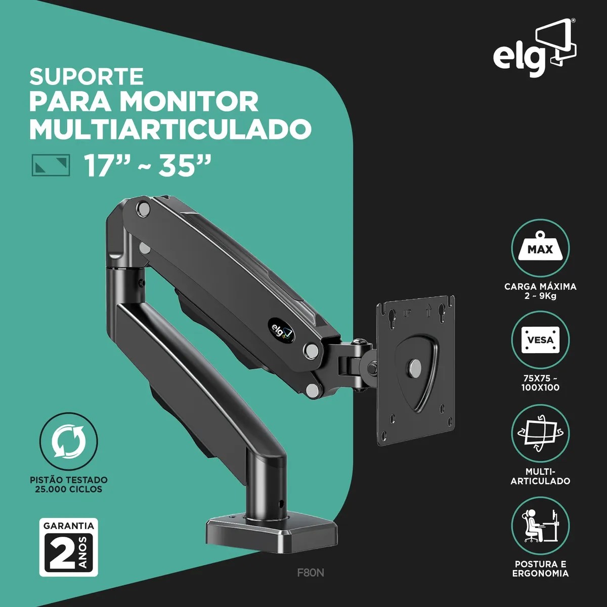 Suporte Articulado de Mesa para Monitor ELG F80N 17\" a 35\" 9kg Pistão a Gás Giro 360° Altura 14 a 42cm Avanço 54cm VESA 100x100 Preto
