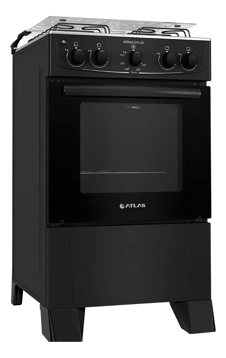 Fogão 4 Bocas Atlas Mônaco Plus Preto Com Mesa Inox E Acendimento Automático Bivolt