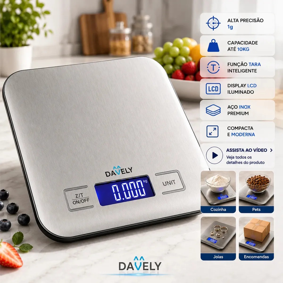 Balança Digital de Cozinha Davely 10kg Inox com Display LED