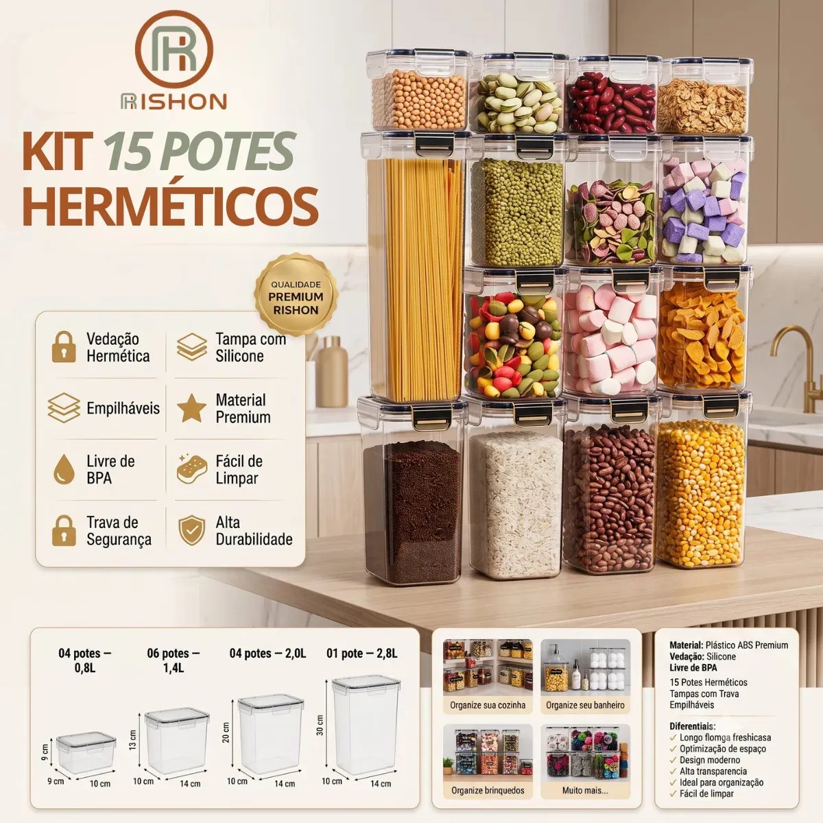 Kit 15 Potes Hermético Cadence Mantimentos Quadrado Cozinha Branco Rishon 2,24 Litros