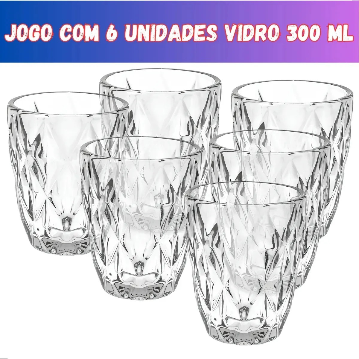 Jogo 6 Copos Vidro Diamante Grosso Resistente Água 300ml Branco