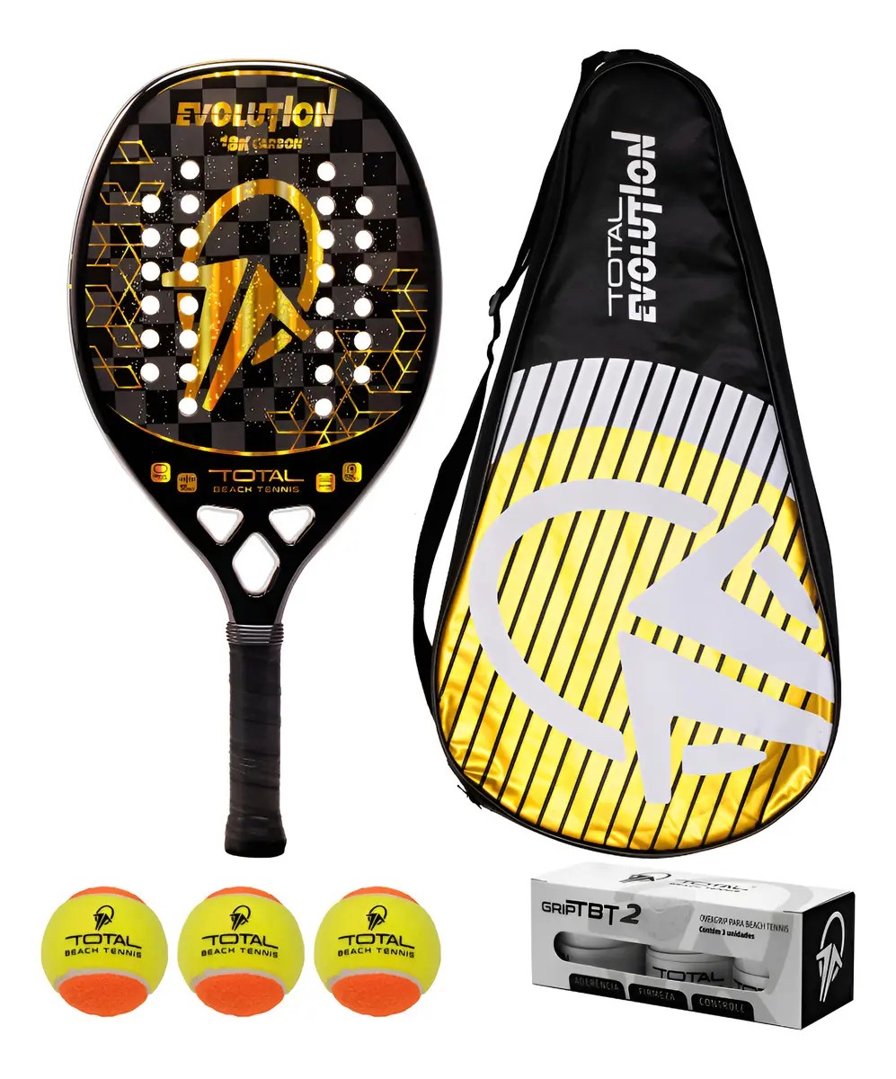 Kit Raquete Beach Tennis Material Carbono 18k Total Evolution Cor Dourado + Capa + 3 Bolas + 3 Grips + Fita Protetora | Leve e Equilibrada
