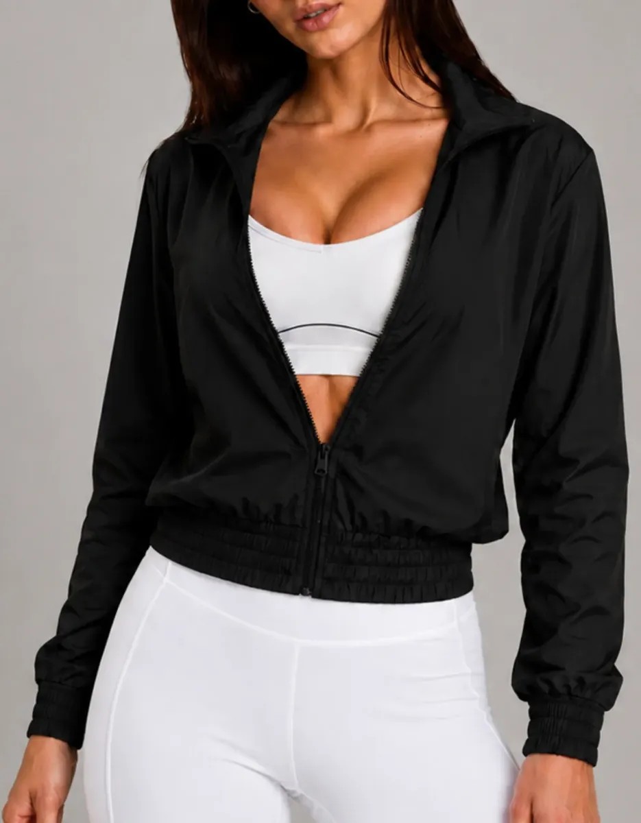 Jaqueta Feminina Corta Vento Casaco Esportivo Zíper Fitness Preto M - 38/40 Liso