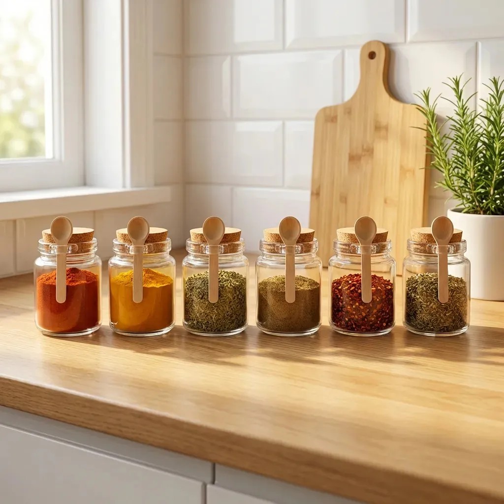 Potes para temperos (6 peças) - vidro grande com colher de bambu, 240ml, transparente