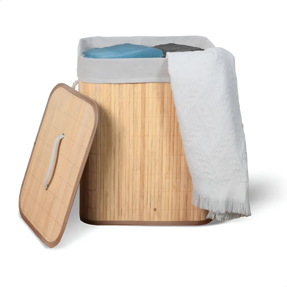 Cesto de Roupa Suja de Bambu com Tampa e Alças 50 Litros Kontuz