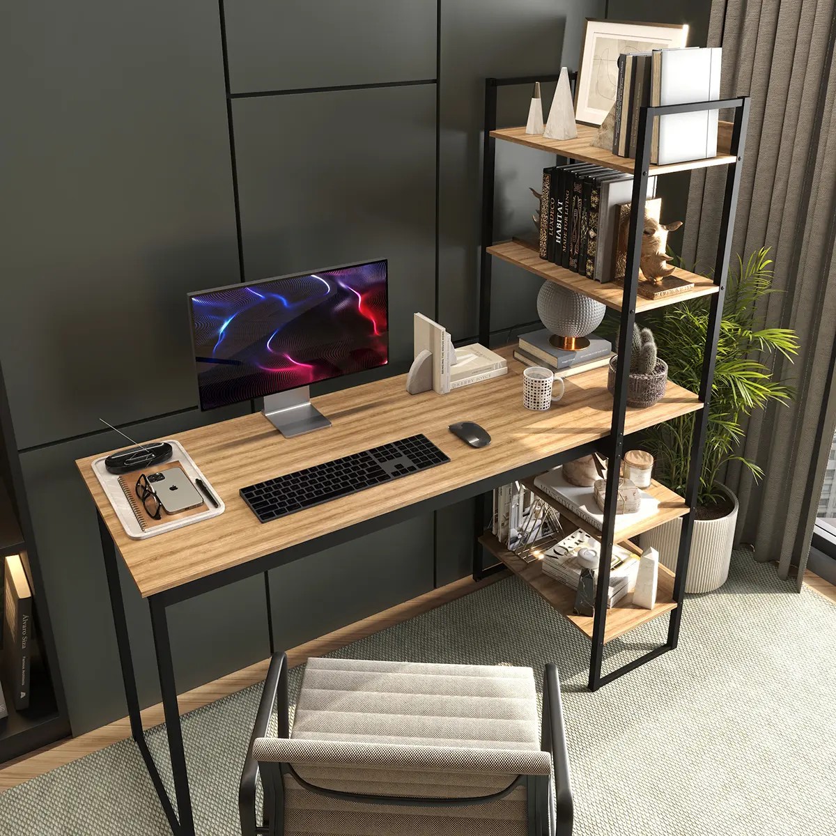 Mesa Escrivaninha Industrial Laminado Com Preto 5 Prateleiras