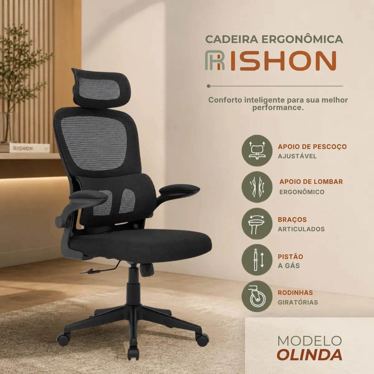 Cadeira Ergonômica Giratória Olinda RSH500 Preto
