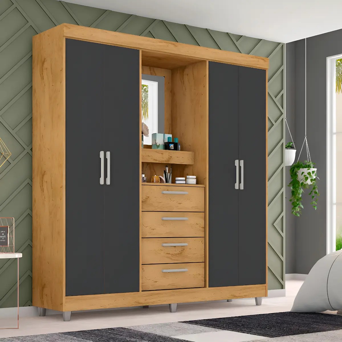 Guarda-Roupa Casal 4 Portas com Espelho 4 Gavetas 2218 Araplac Freijó/Carbono