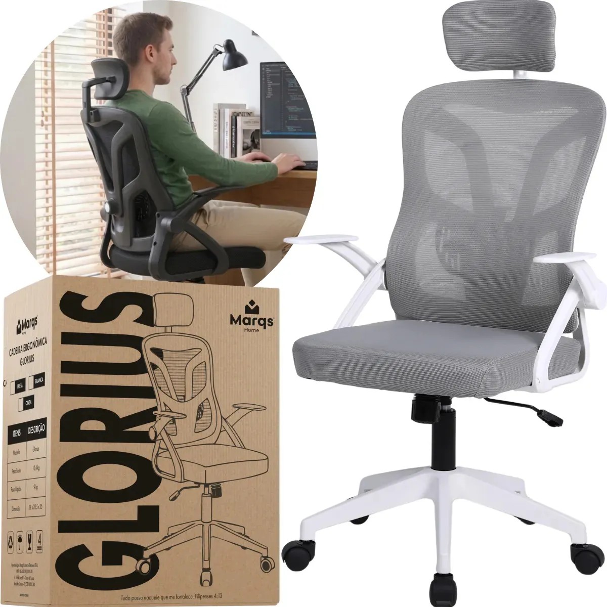 Cadeira De Escritório Ergonômica Nr17 Glorious Marqs Home Giratória Resistente Reforçada 180kg Confortável Reunião Mesh Cinza
