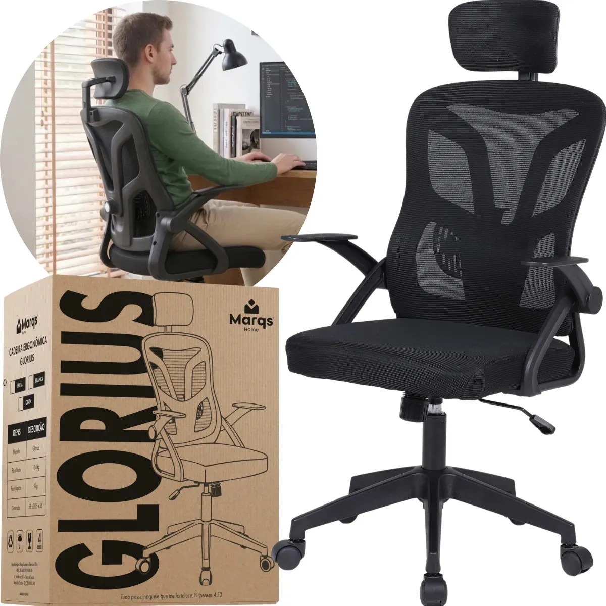 Cadeira De Escritório Ergonômica Nr17 Glorious Marqs Home Giratória Resistente Reforçada 180kg Confortável Reunião Mesh Cinza