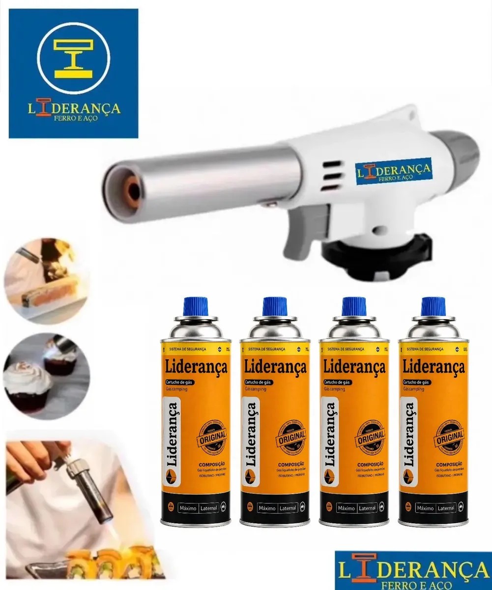 Kit Maçarico Portátil Automático Liderança Ferro E Aço para 1300°C com 4 Refis de Gás Butano