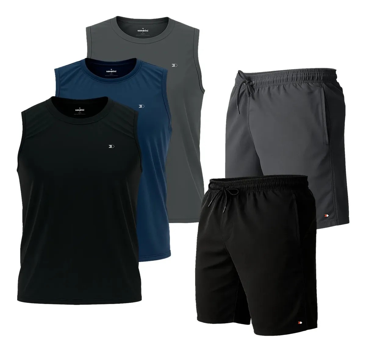 Kit 5 Peças: 3 Camisas Regata Dry-fit Sandrini + 2 Short Tactel