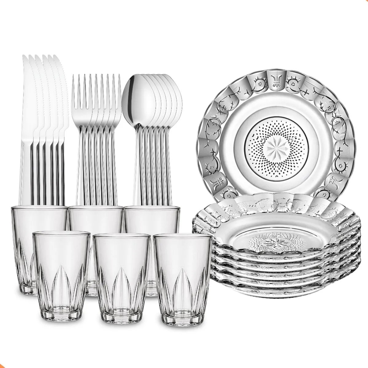 Kit Jantar 30 Peças Pratos Talheres Copos Vidro Mesa Posta