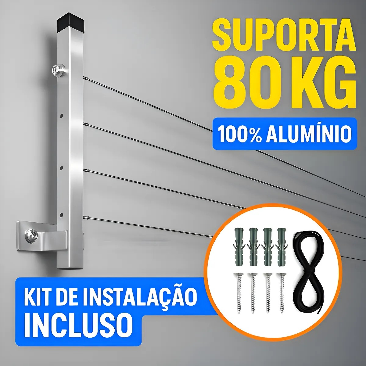 Varal Dobravel De Parede Aluminio Premium Resistente 80kg