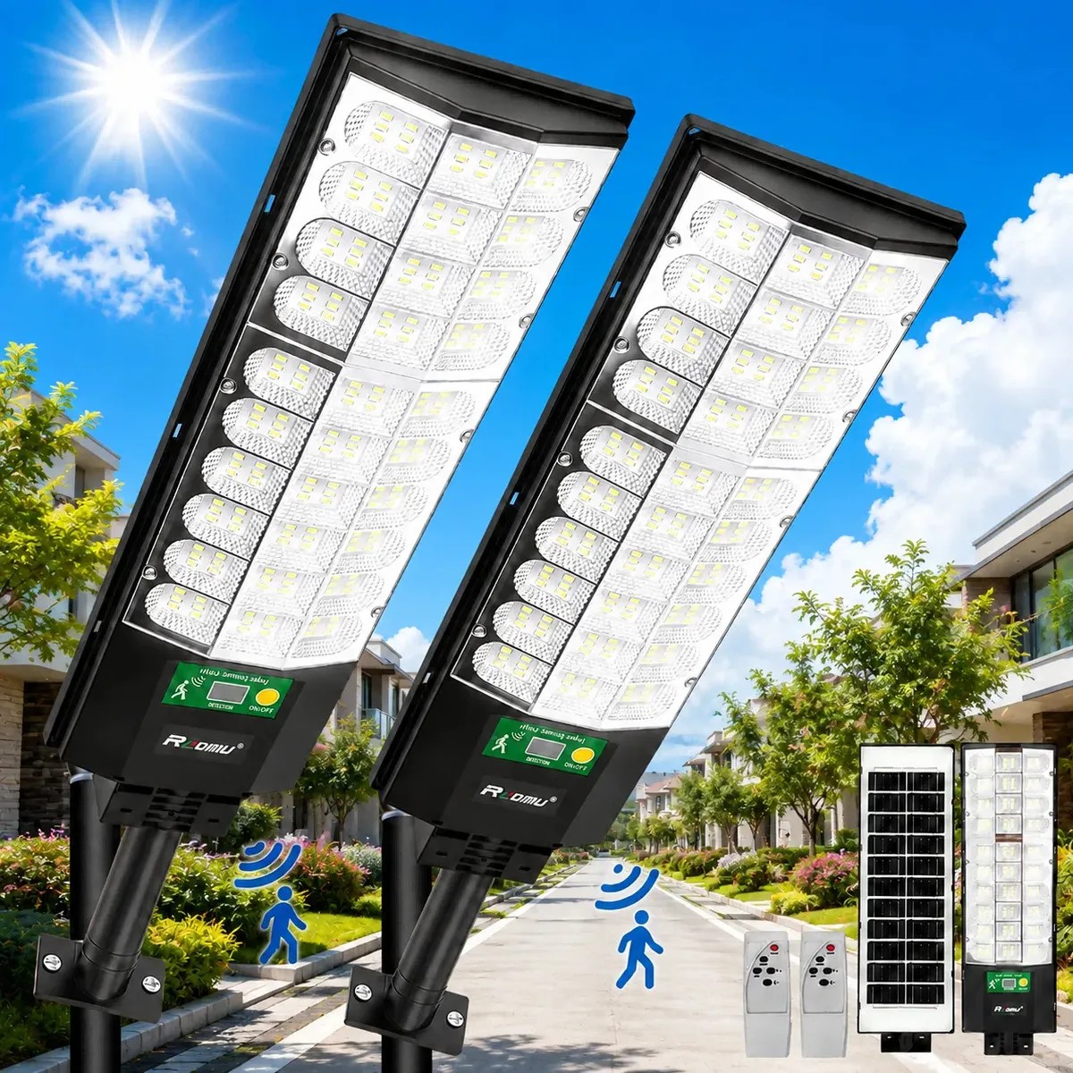 Kit 2 Luminária Poste Solar Com Sensor Refletor Led 1000w