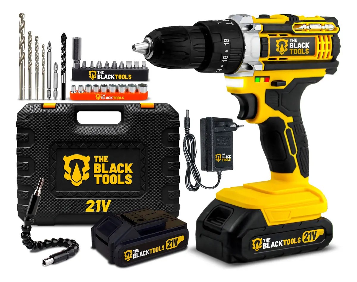 Furadeira Parafusadeira De Impacto 21v Com 2 Baterias Velocidade Ajustável 3/8 10mm Maleta E Acessórios Profissional The Black Tools