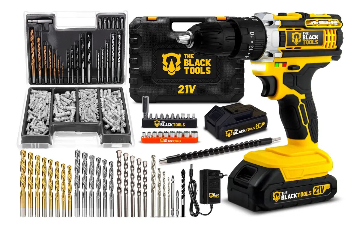 Parafusadeira Furadeira de Impacto 21v com Kit Brocas e Buchas 300 Peças The Black Tools