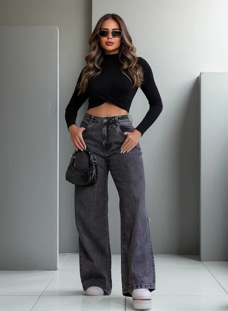 Calça Jeans Wide Leg Pantalona 100% Algodão