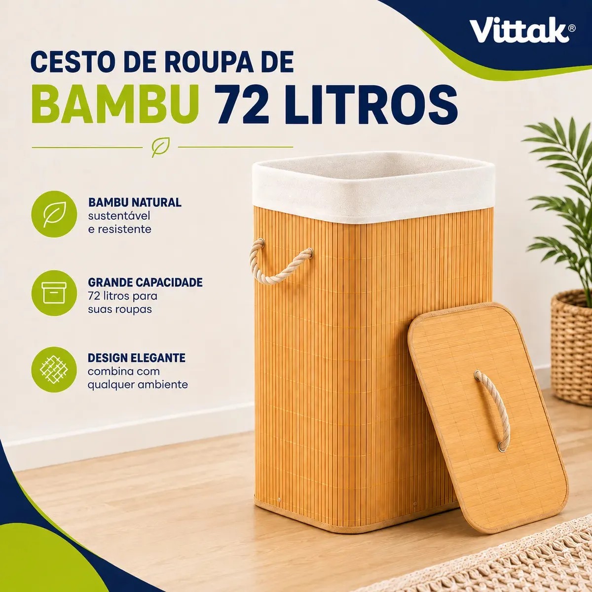 Cesto de Roupa Bambu 72L com Tampa e Forro