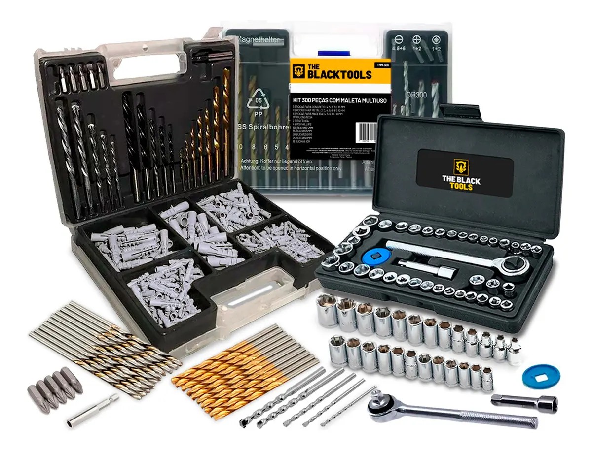 Kit 300 Peças de Brocas, Bits e Buchas + Jogo de Chaves Catraca 40 Peças