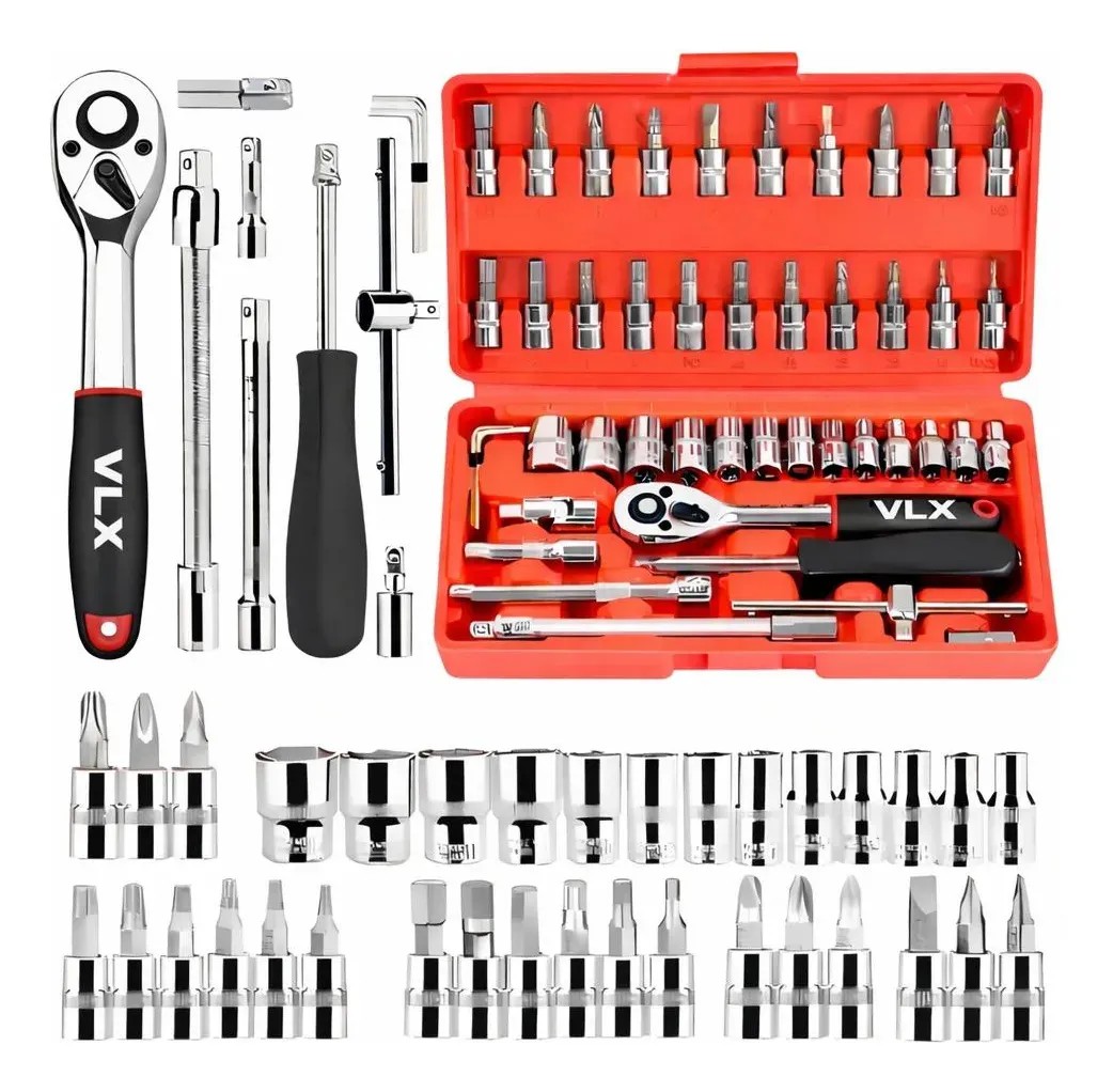 Kit Ferramentas 46 Peças Com Soquetes e Chaves Para Carro e Casa Vlx Vermelho
