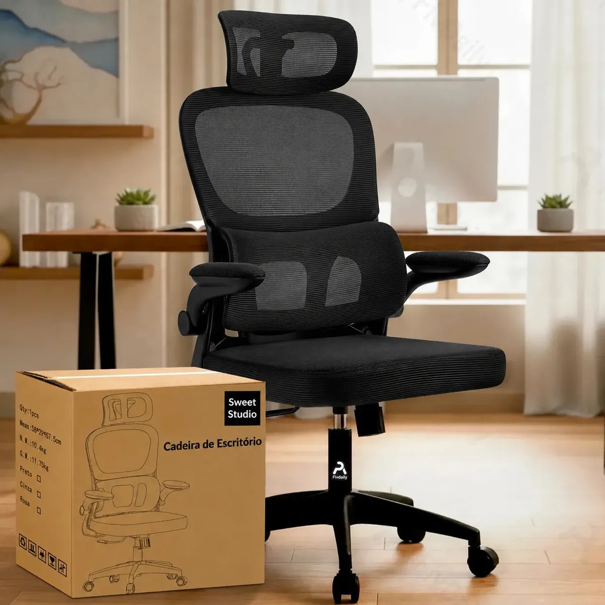 Cadeira Ergonômica Sweet Studio Preta com Apoio de Cabeça